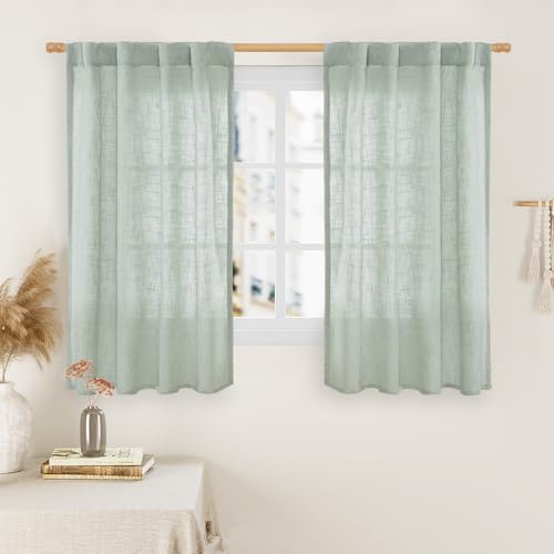LAMIT 54 Inch Semi Sheer Window Linen Curtains, Light Filtering Panels Back Tab and Rod Pocket Neutral Drapes for Bedroom/Living Room, Light Sage, 2 Panels, 34 x 54 Inch