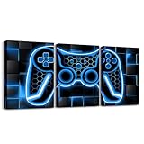 Feelyou Gamer Canvas Wall Art Gaming Bathroom Wall Art for Home Decor 12'x16' 3 Piece for Teens Bedroom Decor Lighting Honeycomb Office Wall Artwork Posters Blue and Black Geometric Wall Painting