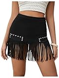 MakeMeChic Women's Faux Suede Fringe Hem Mini Skirt Studded Tassell Bodycon Short Skirts Black Small