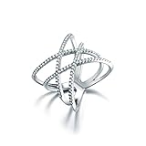 SHINCO Bella Lotus Double Cross CZ Paved 18k White Gold Plated Trendy Party Rings, Size 8