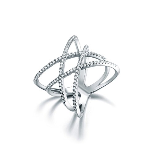 SHINCO Double Cross CZ Paved 18k White Gold Plated Trendy Party Rings Wide Band for Women Girls, Size 8