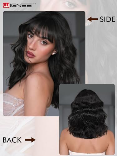 WIGNEE Peruki naturalne fale z grzywką 100% naturalne włosy brazylijskie modne peruki naturalna czerń 30 cm