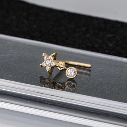 Jewelry Avalanche Solid 14K Yellow Gold Star L-Shape Nose Stud Dangling Bezel CZ Accent, 20G L-bend Nose Ring Stud 14KNLS112STR-CZ4