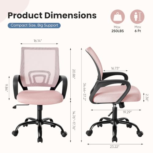Image of DUMOS Ergonomic Home Office Chair, Executive Mesh Desk Chair | Height Adjustable, Lumbar Support, Breathable Mid Backrest, Fixed Armrest, Rolling Wheels, Computer Gaming, Meeting, Pink