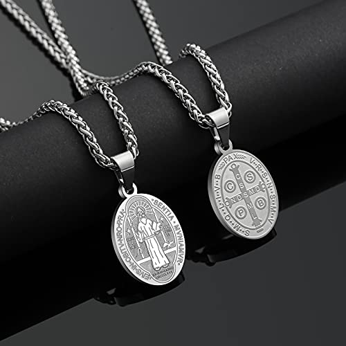 P. BLAKE Oval Saint Christopher/Michael/Joseph/Jude/Virgin Mary/Joseph/Francis/Patrick/Anthony/Benedict/Thomas Necklace for Men Women, Stainless Steel Catholic Patron Pendant with Chain 24 Inches