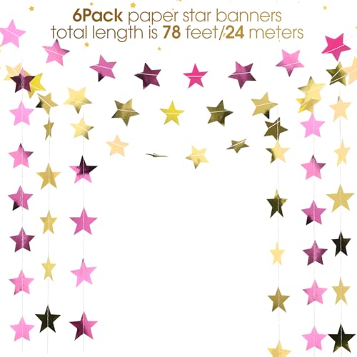 Image of Patelai 78 Feet Glitter Star Garland Banner 2026 Party Decoration Double Side Star Hanging String Streamer Paper Twinkle for Graduation Wedding Birthday (Gold and Pink)