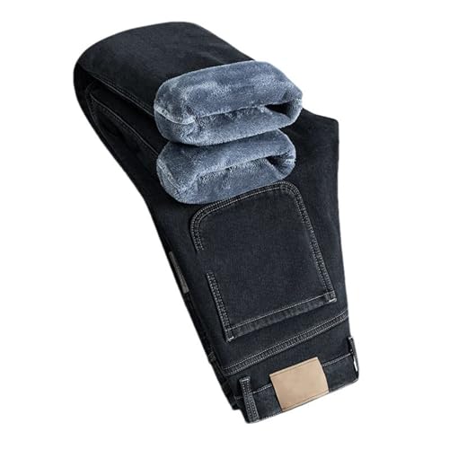 Men's Winter Fleece Jeans Black Thickened Loose Denim Pants Classic Straight Leg Business Trousers