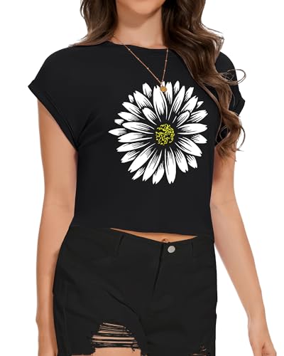 Image of Womens Crop Tops Summer Roll Cap Sleeve Cropped Tshirt Loose Fit Basic Tees