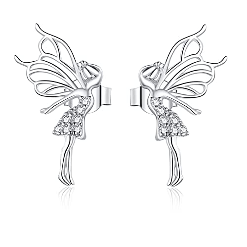 Qings Boucle D'oreille pour Fille en Argent Sterling 925 - Petites Fées Oreille Elfe Anges Ailes de Papillon Goujons Fleur Fée Danse Mode Bijoux Accessoires...