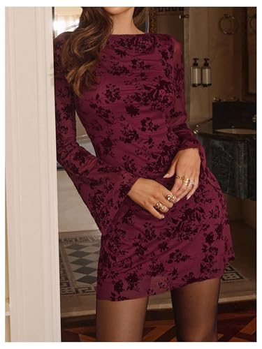 Image of GORGLITTER Women's Bell Long Sleeve Mini Dress Y2k Fall 2025 Mesh Boat Neck Going Out Club Bodycon Short Dress