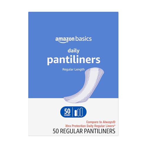 Amazon Basics Daily Pantiliner, Regular Length, Thin Absorbent Feminine Pads for Women, Unscented, 50 Count (Previously Solimo)