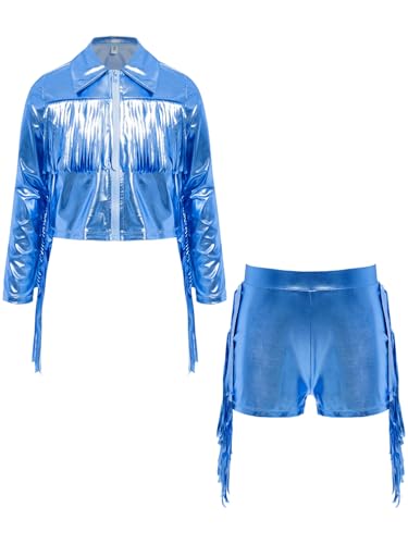 easyforever Kids Girls Tassel Shiny Metallic Jacket Coat Long Sleeve Sweatshirt Crop Tops with Fringe Shorts Set3