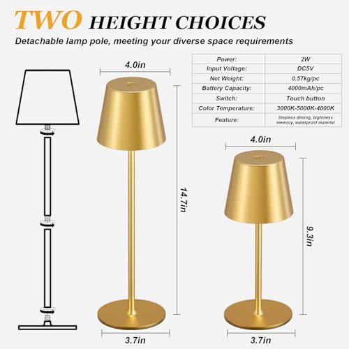 Image of Cordless Table Lamp Rechargeable Gold - KK 2 Pack 5000mAH Battery Operated Lamp for Dining Table, 3 Color Stepless Dimming Wireless Lamp for Counter, Outdoor Patio, Touch Control, Water Repellent