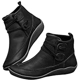 Toumov Women's Ankle Boots Vintage Casual Short Ankle Boots Fashion No Heel Lace Up Retro Leather Booties with Arch Support Comfortable Slip On Shoes Fashion Leather Damping Shoes