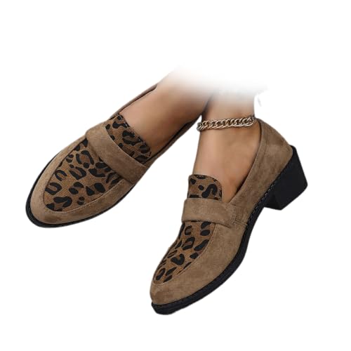 Mocassins à talon bloc en daim imprimé léopard pour femme, style rétro, élégant, à bout pointu, classique à enfiler, coupe large, chaussures habillées à talon bas pour femme, kaki, 43 EU