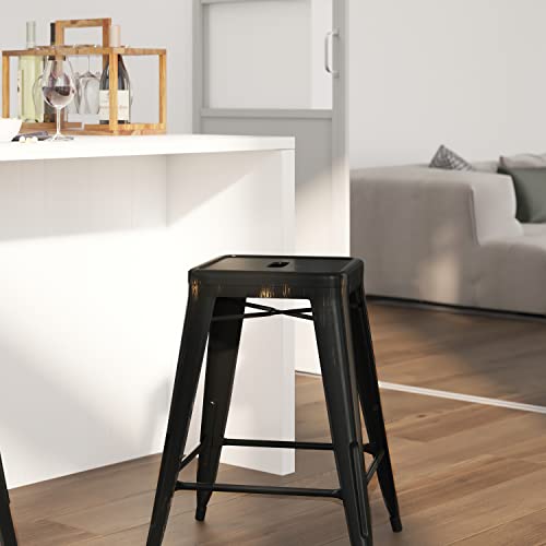 Merrick Lane Newark Series Black-Antique Gold 24" High Backless Metal Counter Height Stool With Square Seat For Indoor-Outdoor Use #TOP1