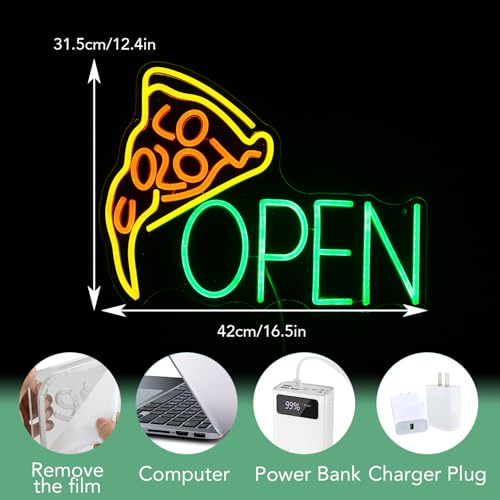 Image of Pizza Neon Sign, Open Neon Light for Business Wall Decor, Dimmable LED Neon Pizza Open Sign for Restaurant, Home Kitchen, Game Room Decor