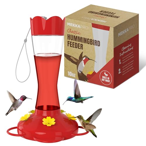 MEKKAPRO Outdoor Hummingbird Feeder Made from Glass, Humming Bird Feeders for Outdoors Hanging Ant and Bee Proof with 5 Nectar Feeding Stations, Bright Red, Backyard Feeder (10 Ounces)
