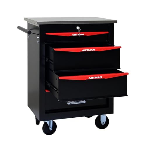 4-Drawer Heavy-Duty Rolling Steel Tool Cart with Handle&Wheels, Metal Storage Organizer Cabinet, Tool Chest for Efficient Tool Storage in Garage, Warehouse, Workshop, Repair Shop, Black&RED