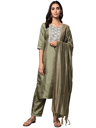 Image of VredeVogel Women's Chanderi Modal Butti Flare Kurta with Pant & Embroidered Chanderi Dupatta Set