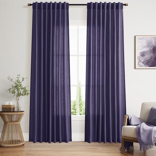 Image of Purple Linen Curtains 84 Inches Long, Back Tab Light Filtering Semi Sheer Privacy Drapes for Living Room & Bedroom Simple Style, 52x84 inch, 2 Panels