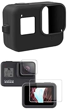 HIFFIN Silicone Lanyard Sleeve Protective Cover + 2 PCS Tempered Glass Screen Guard with Silicone Lens Cover Compatible with Go Pro Hero 8 Black Action Camera Accessories (Black + Screen Guard)