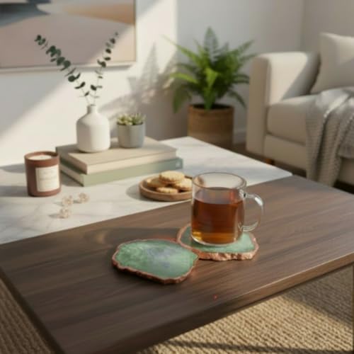 Image of Pack of 2 Agate Stone Rose Gold Plated Coaster | Tea Coaster for Dining Table | Coasters for Cups Set | Dining Table Decorative Item for Table | Vintage Handmade Coasters | Green