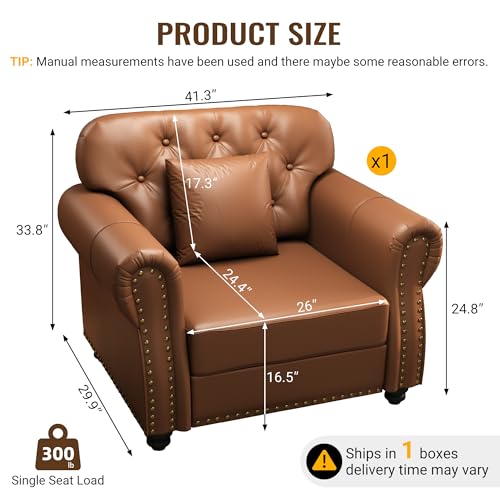 Image of KEIKI 41 inch Faux Leather Chesterfield Sofa with Rolled Arms & Nailhead Trim, Modern Style 1-Seater Button Tufted Couch with High Resilience Cushion & 1 Pillow, Easy Assembly, for Living Room, Brown