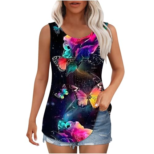 Dyhxuan Camiseta sin mangas para mujer, con estampado de mariposa, camiseta de tirantes sin mangas, tallas grandes, top plisado, cuello redondo, elegante, estampado, informal, túnica, 01-negro, M