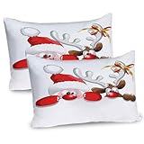Ambesonne Christmas Pillow Sham Set of 2, Funny Christmas Santa Claus and Reindeer Peeking Cartoon Style Humor, Quality Microfiber Bedding Item for All Seasons, 26' X 20', Vermilion Caramel White