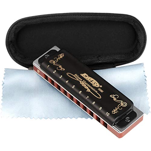 Easttop Professional Harmonica Blues Chave de Bb 10 furos 20 tons resistente com estojo e pano de limpeza para jogadores profissionais, iniciantes, estudantes, top Eison-East, preto, ótimo presente de