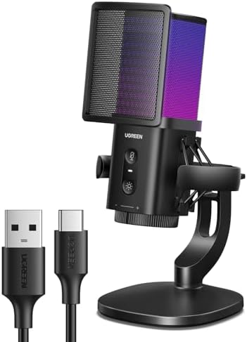 UGREEN Gaming Microphone with 96KHz/24-bit, Cardioid Gaming Mic USB-C PC with Quick Mute, Gain Control, 7 RGB Lighting Modes, Real-Time Monitoring, for Streaming, Podcast, YouTube, Twitch, PC/PS4/PS5