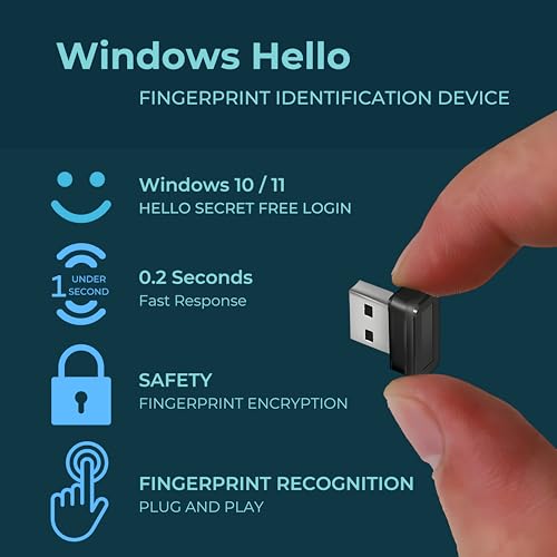 Image of USB Fingerprint Reader for Windows Hello - Ultra-Fast 0.2 Second Recognition, Self-Learning Technology, Supports Windows 10 /11 Login and Edge /Chrome Browser Passwords (Compact Design)