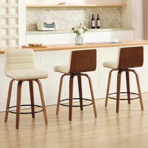 Image of Swivel Bar Stools Set of 3,26 inch Faux Leather Counter Height Barstools with Back,Mid Century Modern Upholstered Bar Chairs with Bentwood Legs Island Stools for Kitchen Counter Beige