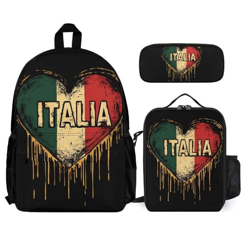 Italian Flag Vintage Italy Love Flow Backpack 3 Set with Lunch Bag Insulated Shoulder Meal Tote Bags Pencil Case Box Casual Daypack