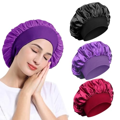 Image of Satin Bonnet Sleep Cap with Wide Elastic Band Silk Wrap Soft Headwear Sleep Cap for Women Girls Curly Hair