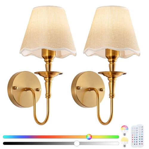 Image of EIDISUNY Battery Operated Wall Sconces Set of 2, Rattan Wall Sconce with RGB Rechargeable Dimmable Bulbs, Brass-Color Wireless Wall Sconce with Remote for Bedroom, Living Room, Hallway