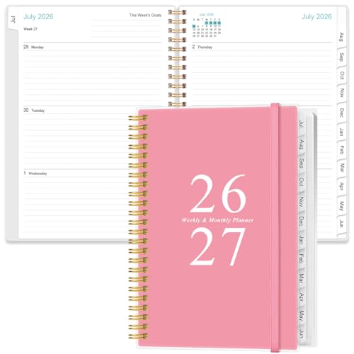 2026-2027 Planner - A5 Weekly & Monthly Planners Spiral Bound, July 2026 - June 2027, 2026-2027 Planner with Flexible Cover, Tabs, Inner Pocket, 6.4" x 8.5", Pink