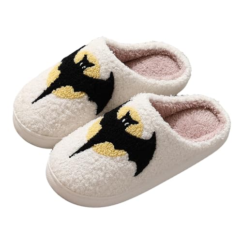Halloween Slippers for Women Men,Pumpkin Ghost Bat Halloween Slippers Retro Memory Foam Plush Warm Slip-on Indoor Outdoor Casual Comfortable Shoes
