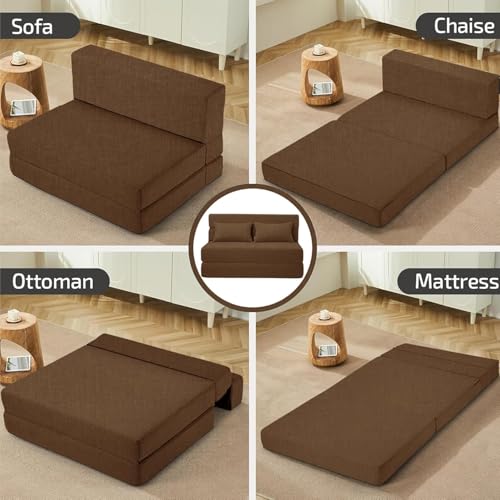 Image of Los Angeles Foldable Four Seater Sofa Cum Bed, Sofa Bed 6 X 6 Feet Jute Fabric Washable Cover Including 4 Cushion Perfect for Living Room - Brown Color