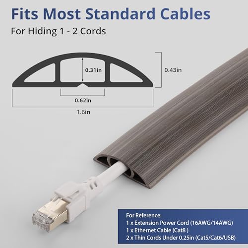 Image of ZhiYo 3.6ft Cord Covers for Wires on Floor, Cord Hider Floor Hide Extension Cords, Soft PVC Cable Cover Cable Protector, Wire Cavity W0.62in H0.31in, Gray Oak Wood