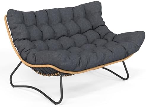 SWITTE Outdoor Papasan Loveseat, Oversized Double Wicker Egg Chair with Thick Cushion, All-Weather Boho Rattan 2-Seater Patio Lounge Chair for Balcony, Backyard, Poolside, Porch - Dark Grey