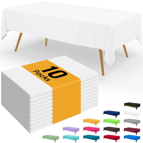 Image of Smiry Disposable Table Cloth - 10 Pack, 54 x 108 Inch Waterproof Rectangle Tablecloths for Parties, Decorative Plastic Table Cover, Leakproof & Sturdy, White