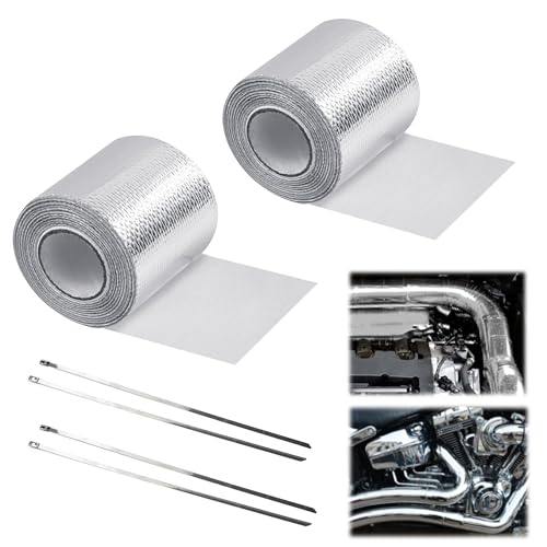 Hitzeschutzband, Auspuff Auspuffband 2 Stück Auspuff Auspuffbandage mit 4pcs Kabelbinder Schneidbare Hitzeschutz Auspuff Bandage 500 cm x 5 cm Auspuff Dichtband für Motorrad Auto Fächerkrümmer, Silber