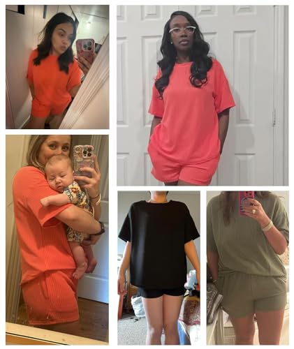 Image of MARZXIN Women 2 Piece Shorts Set 2026 Casual Summer Cruise Outfits Ribbed Loose Short Sleeve Pocket Matching Lounge Sets