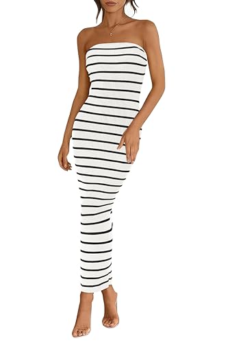 Image of BTFBM Casual Women's Summer Dresses Bodycon Maxi Tube Striped Dress Ribbed Knit Strapless Back Slit Long Dress Party Dresses