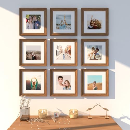 Image of Art Street Wooden Photo Frame for living room, Aesthetic Cave Design Photo Frames for Photograph, Art Work, Certificates Set of 9 (8x8 Inch, Wood Brown)