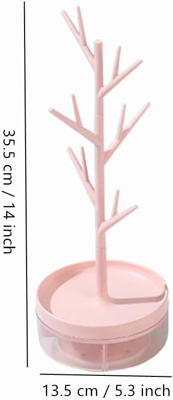 Branch Jewelry Display Stand with Rotatable Base and Storage Box, Small Earring Necklace Tree Tower Rack Holder, Hair Tie Holder Hanging Organizer for Ring Bangles Bracelet Watch (Pink)