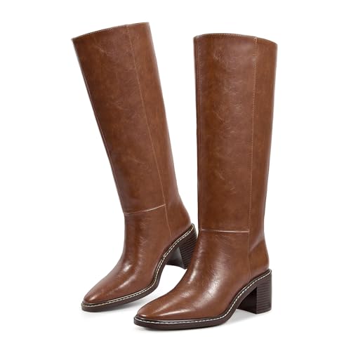 wetkiss Womens Knee High Boots Tall Riding Boots with Block Chunky Heel Almond Round Toe and Low Platform Pull on Winter Fall Fashion Long Boots