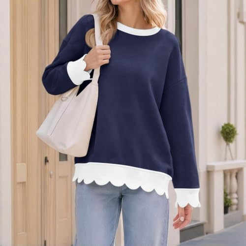 Fall Oversized Sweatshirt for Women Cotton Scalloped Hem Trendy Cozy Tops - image 2